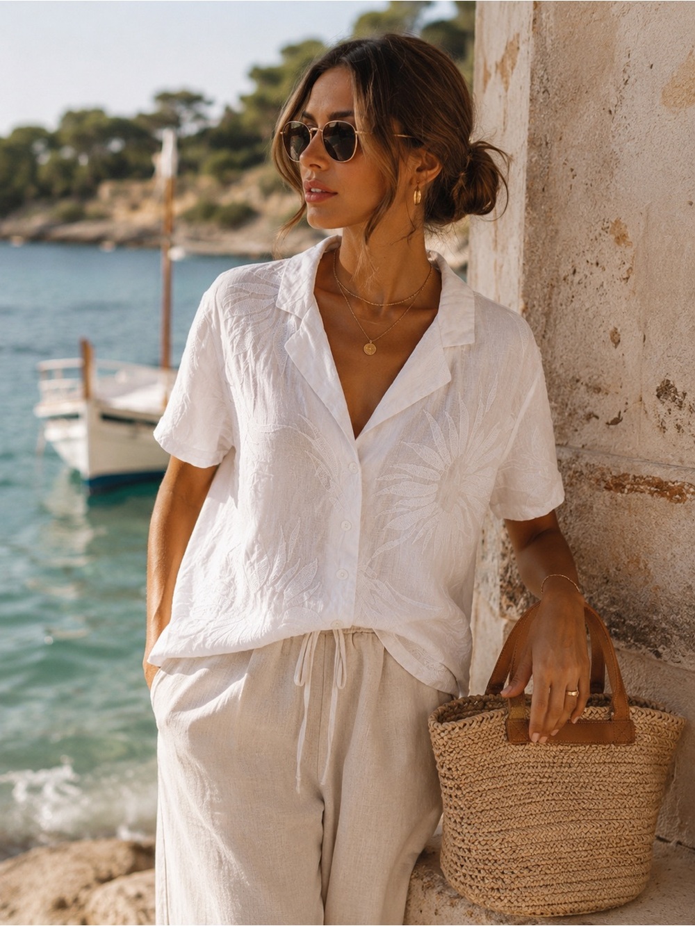 Joie White 100% Linen Embroidered Button Front Camp Shirt L